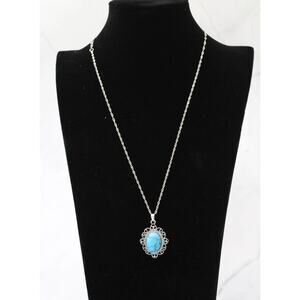 Faux Turquoise Drop Pendant Silver Necklace N76